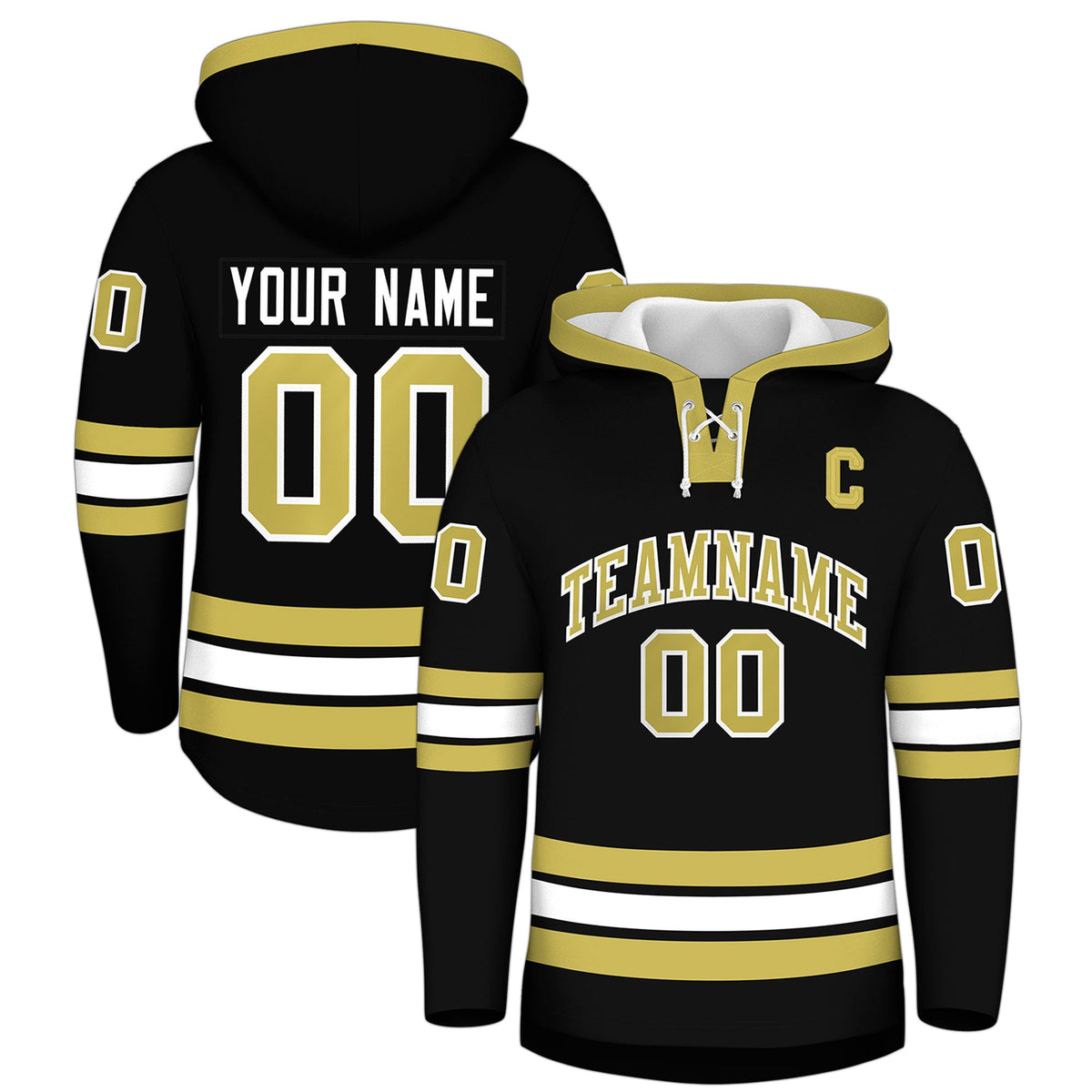 Custom Hockey Hoodie Jersey Black Old Gold Classic Style for Men&amp;Youth