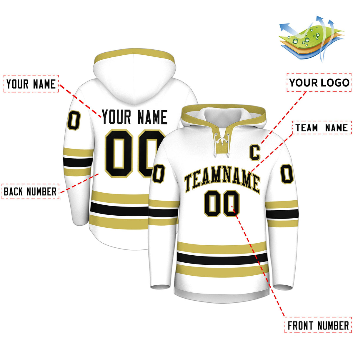 Custom Hockey Hoodie Jersey White Old Gold Classic Style Add Name,Number &amp; Logo