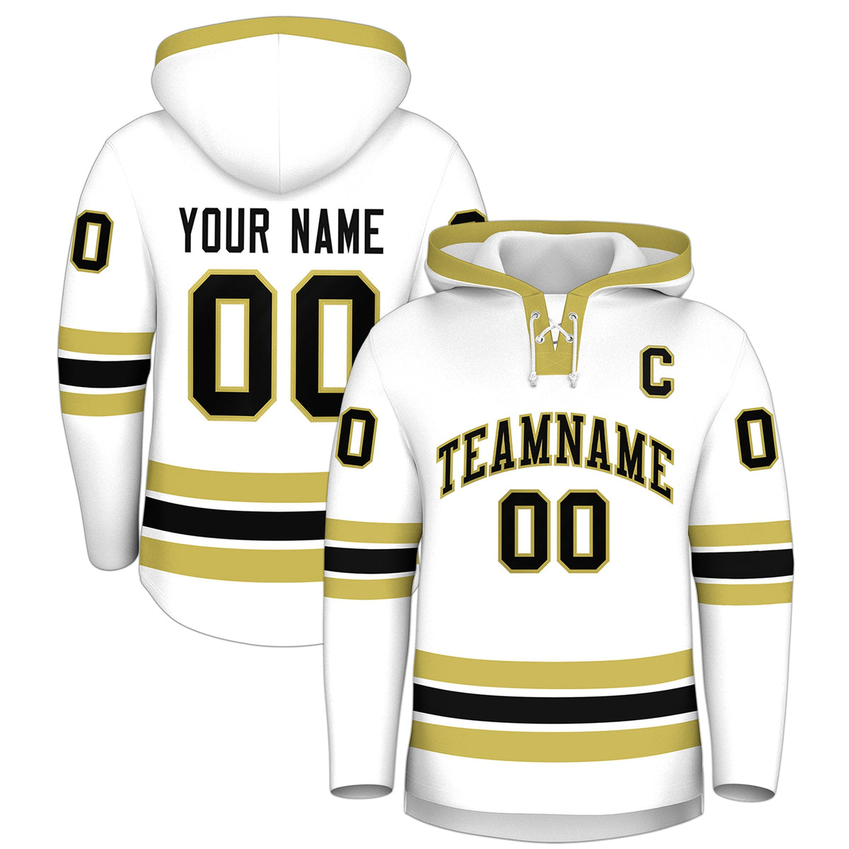 Custom Hockey Hoodie Jersey White Old Gold Classic Style Add Name,Number &amp; Logo