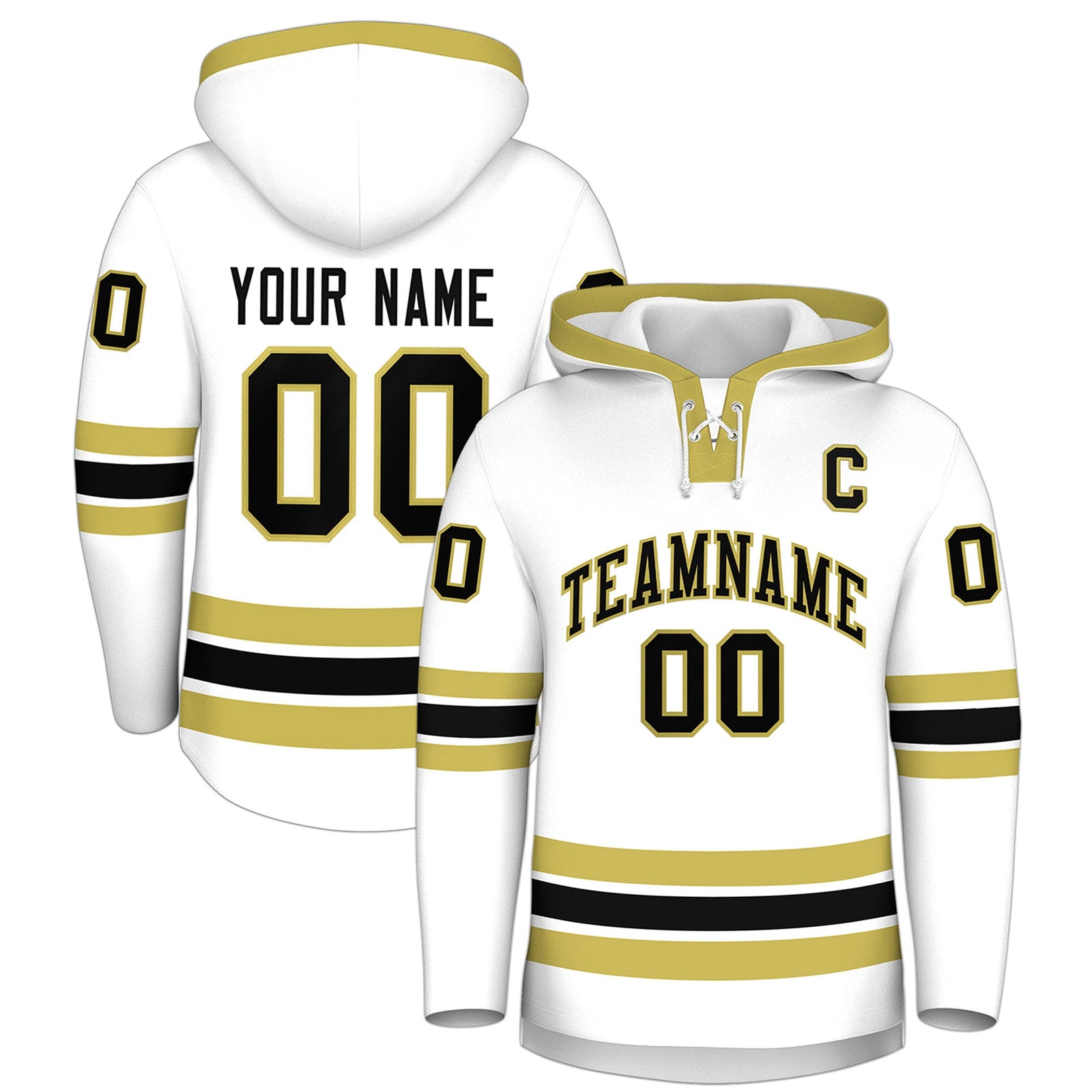Custom Hockey Hoodie Jersey White Old Gold Classic Style Add Name,Number & Logo