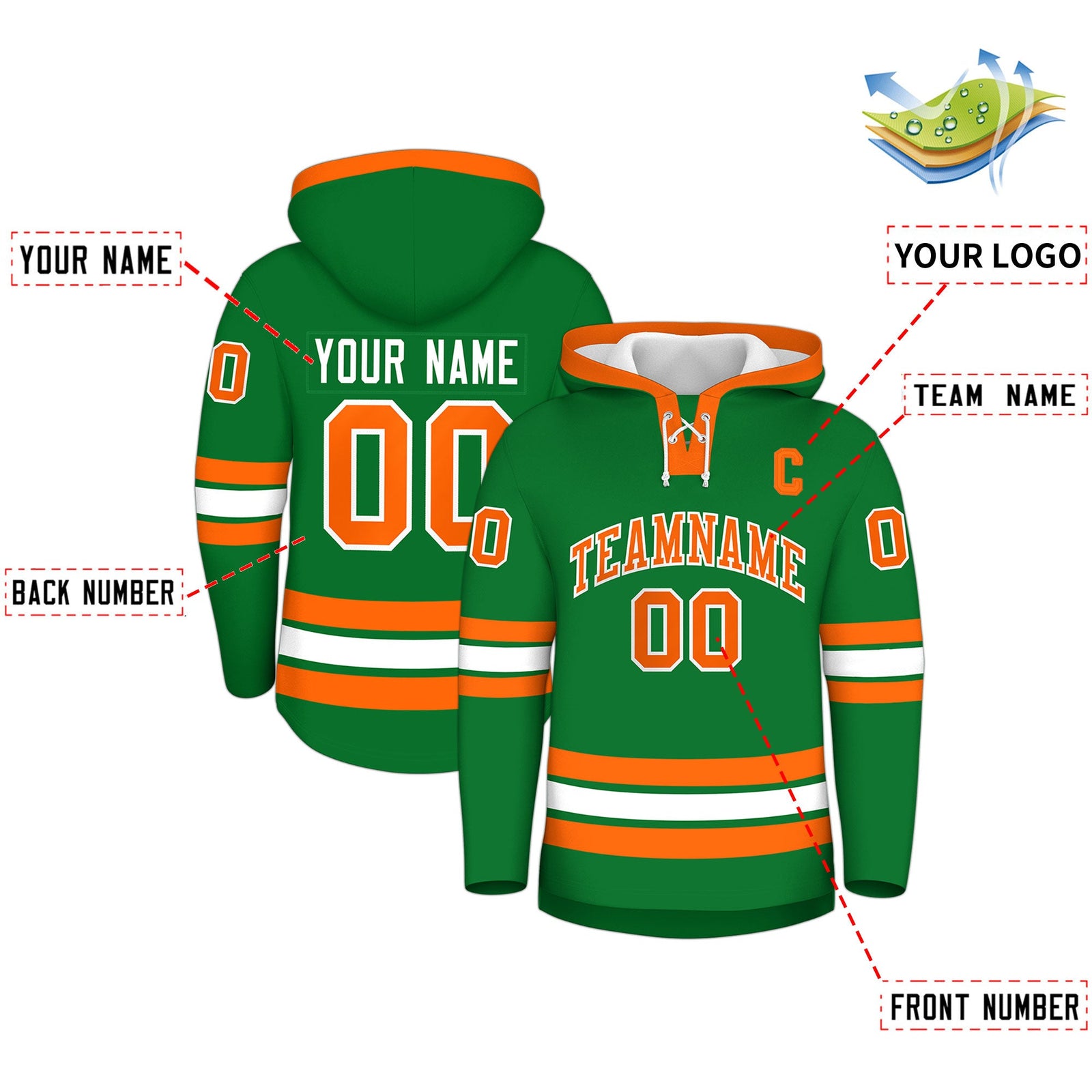 Custom Hockey Hoodie Jersey Kelly Green Orange Classic Style for Men&Youth