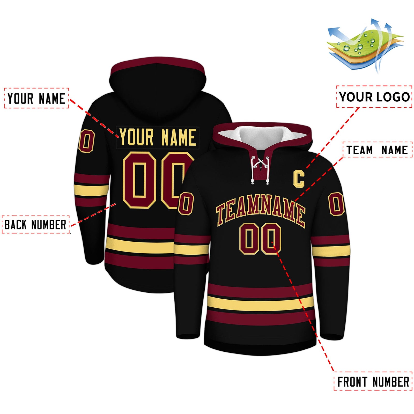 Custom Hockey Hoodie Jersey Black Crimson Classic Style for Men&Youth