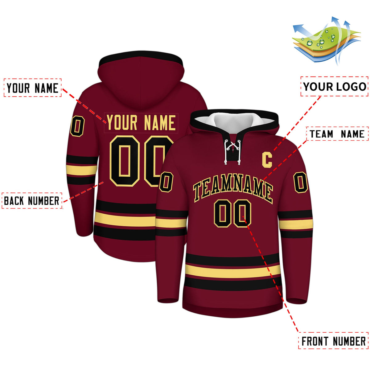 Custom Hockey Hoodie Jersey Crimson Black Classic Style Add Name,Number&amp;Logo