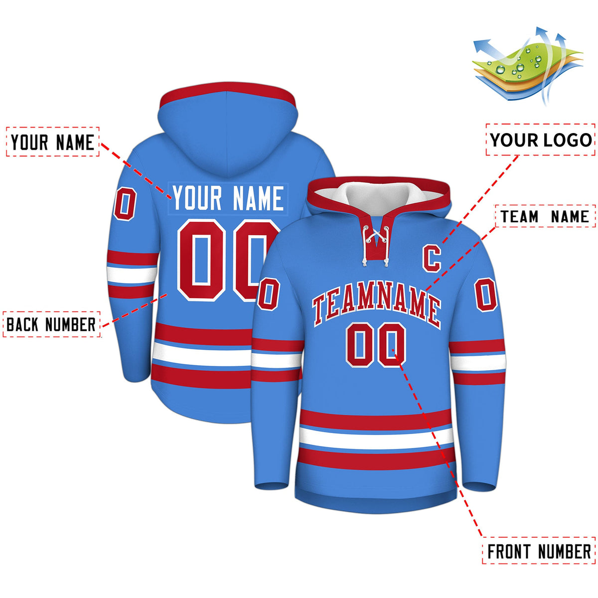 Custom Hockey Hoodie Jersey Powder Blue Red Classic Style for Men&amp;Youth