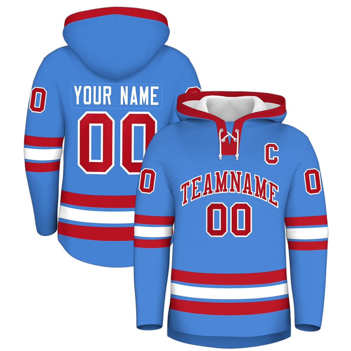 Custom Hockey Hoodie Jersey Powder Blue Red Classic Style for Men&amp;Youth