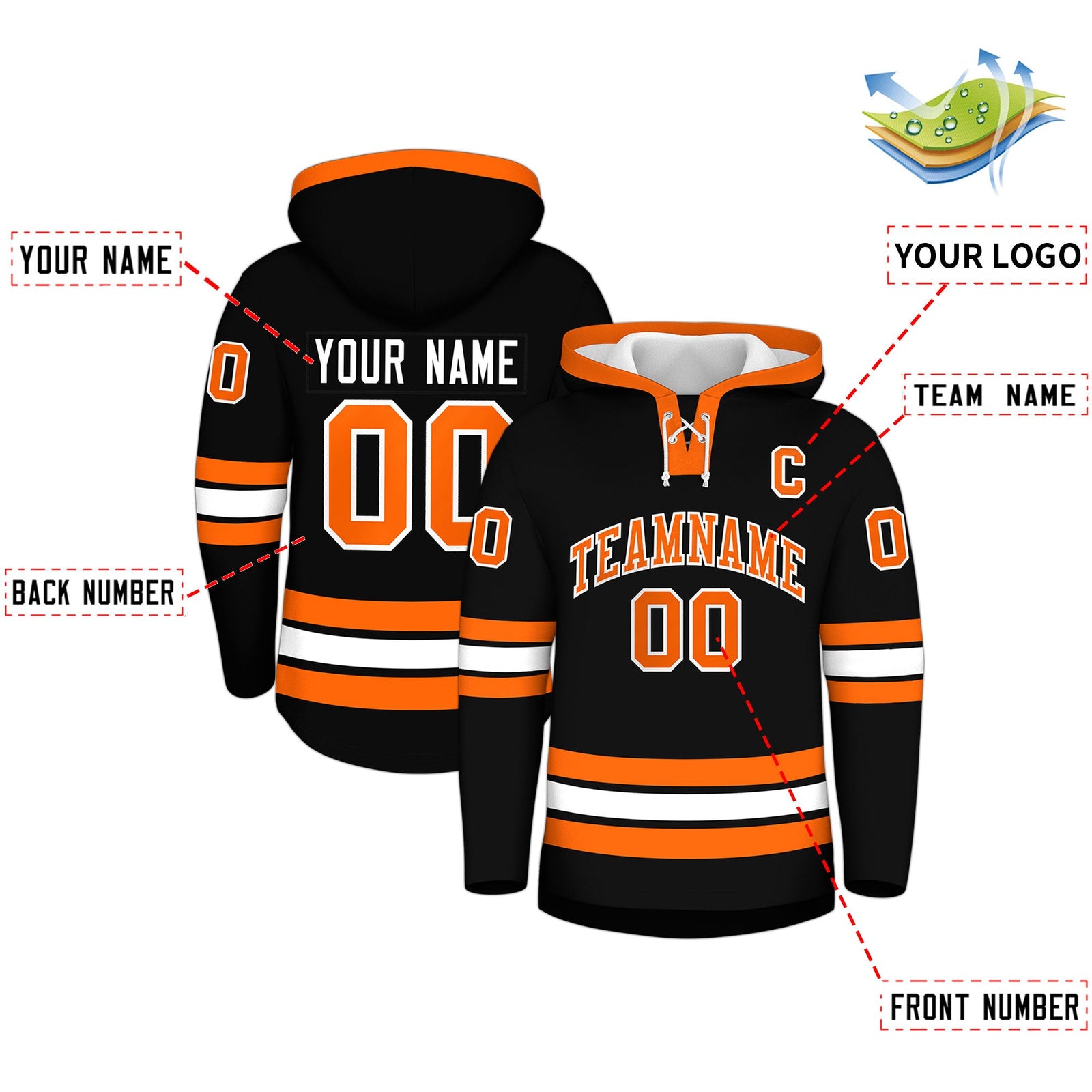 Custom Hockey Hoodie Jersey Black Orange Classic Style Add Name,Number&Logo