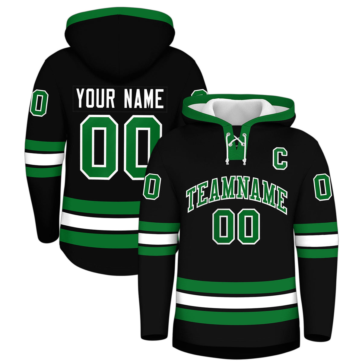 Custom Hockey Hoodie Jersey Black Kelly Green Classic Style for Men&amp;Youth