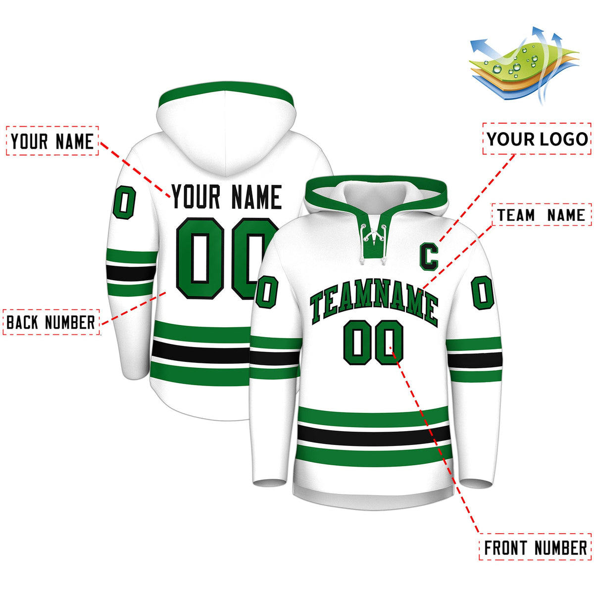 Custom Hockey Hoodie Jersey White Kelly Green Classic Style Add Name,Number&amp;Logo