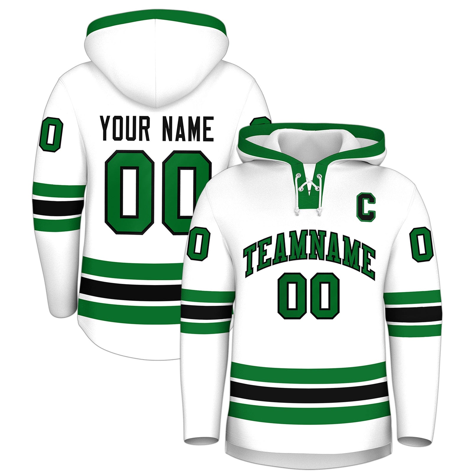 Custom Hockey Hoodie Jersey White Kelly Green Classic Style Add Name,Number&Logo