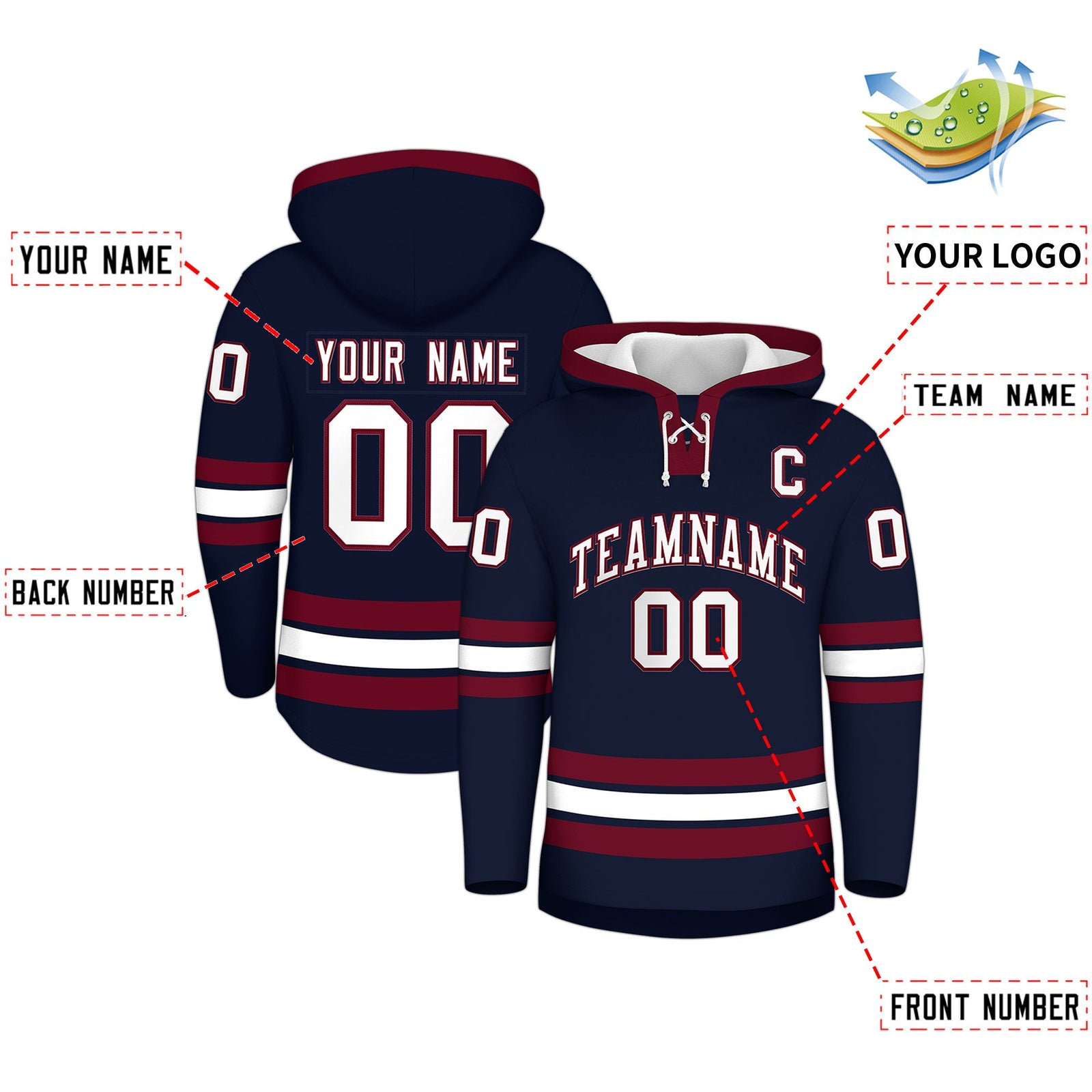 Custom Hockey Hoodie Jersey Navy Crimson Classic Style Add Name,Number&Logo