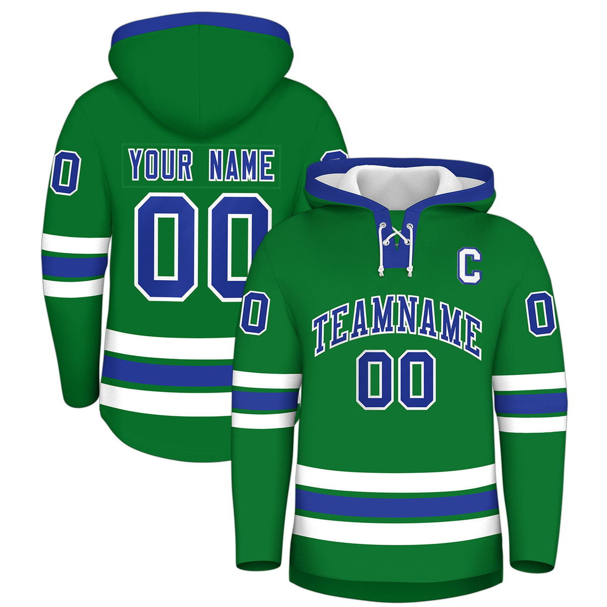 Custom Hockey Hoodie Jersey Kelly Green Royal Blue Classic Style Add Name,Number&amp;Logo