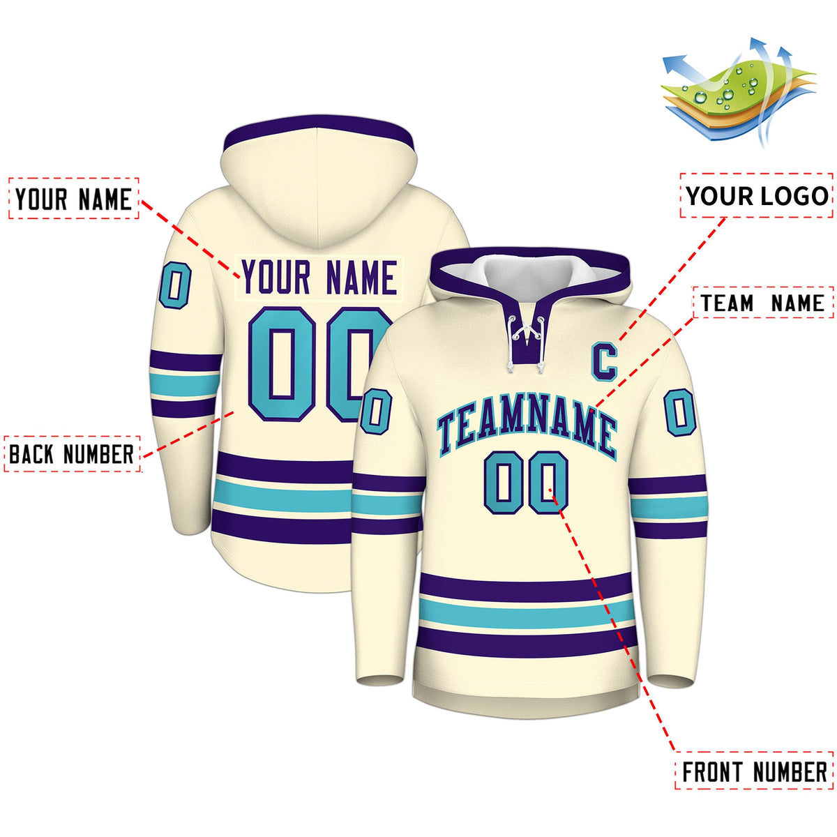 Custom Hockey Hoodie Jersey Cream Purple Classic Style for Men&amp;Youth