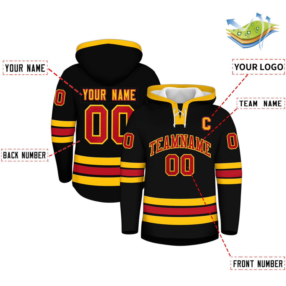 Custom Hockey Hoodie Jersey Black Red Classic Style Add Name,Number&amp;Logo