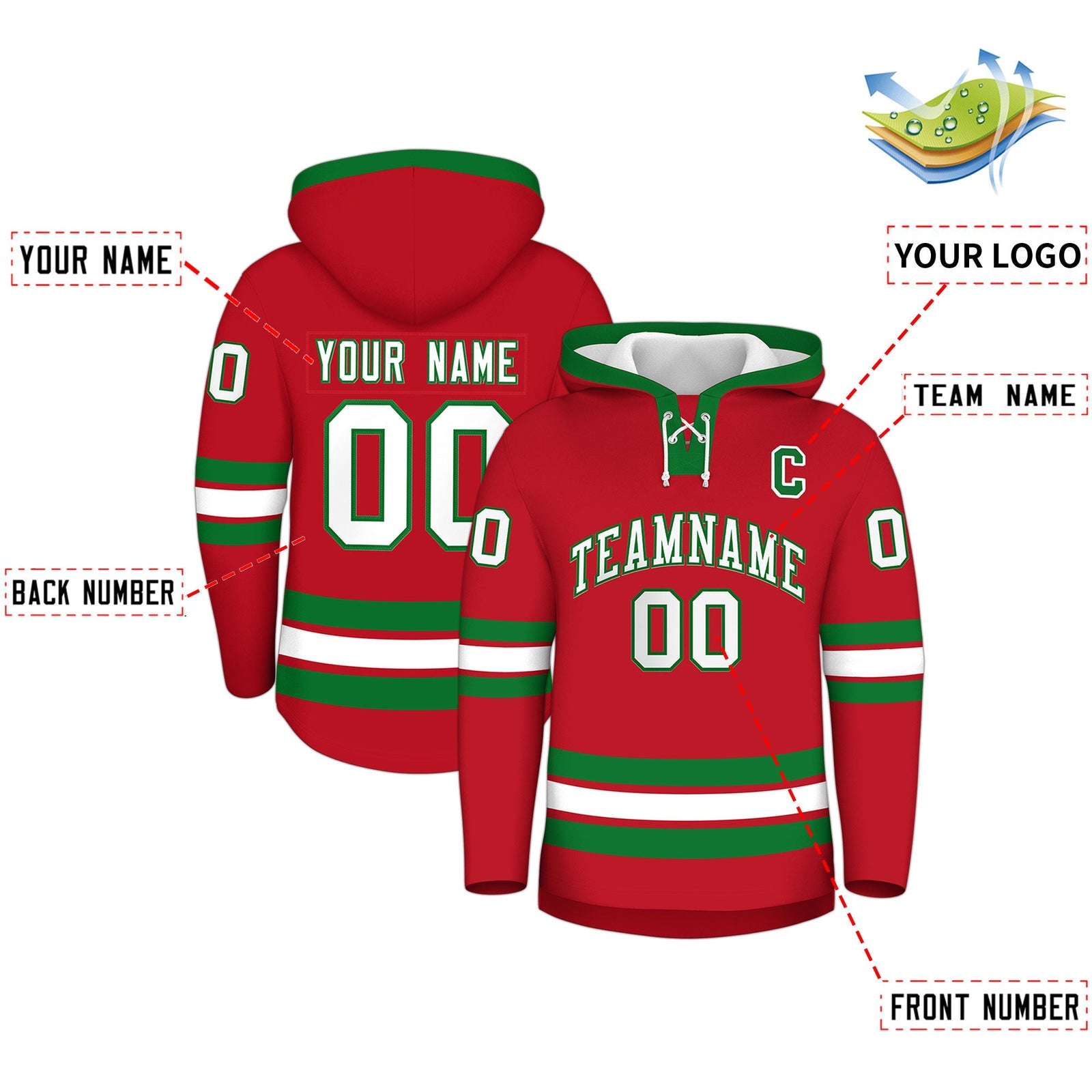 Custom Hockey Hoodie Jersey Red Kelly Green Classic Style for Men&Youth