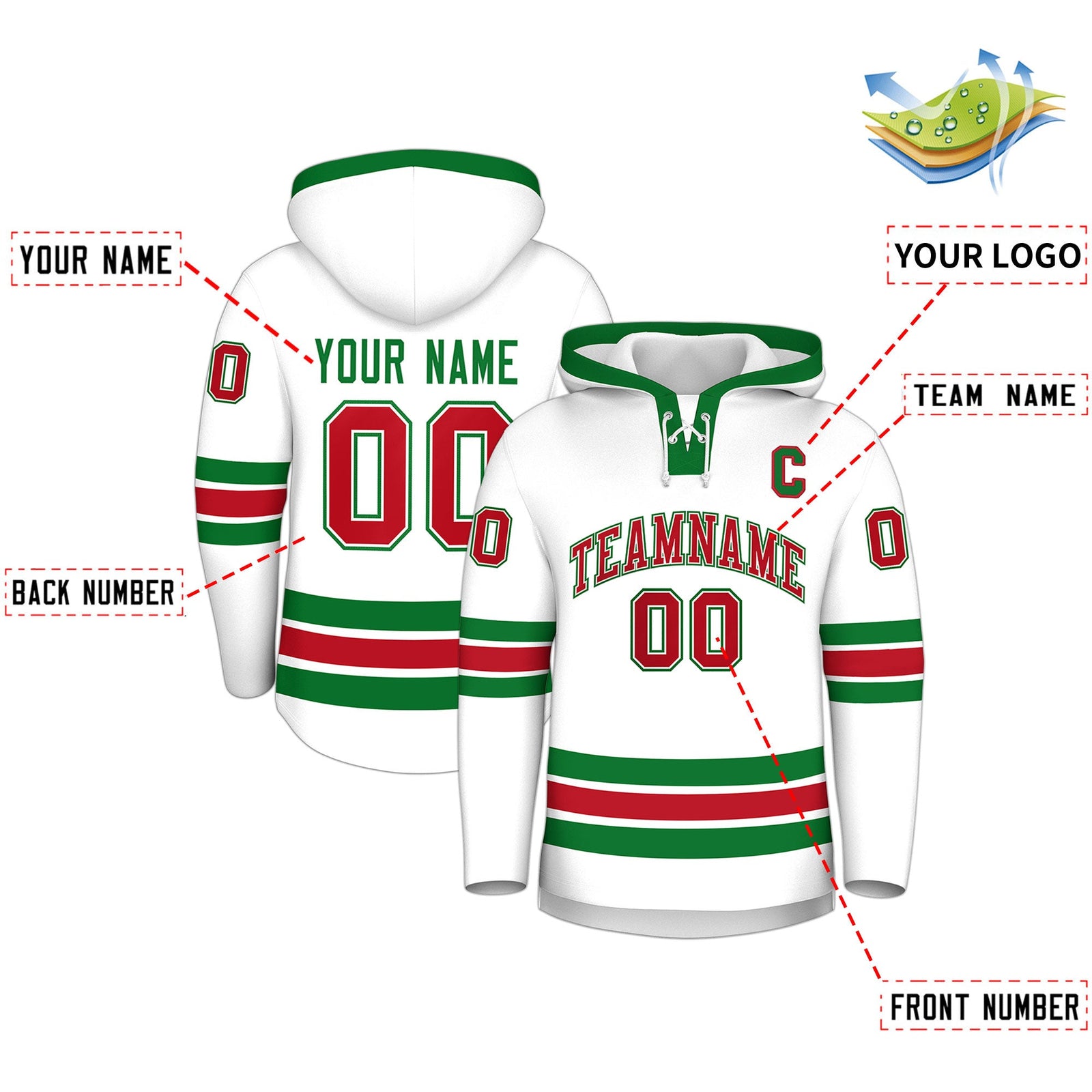 Custom Hockey Hoodie Jersey White Kelly Green Classic Style Add Name,Number&Logo