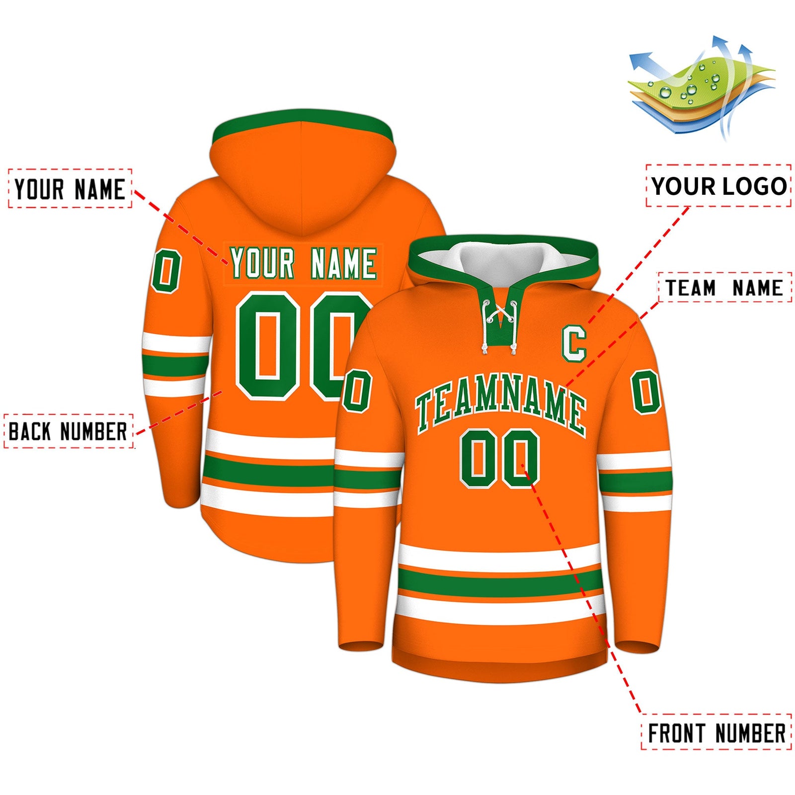 Custom Hockey Hoodie Jersey Orange Kelly Green Classic Style Add Name,Number&Logo