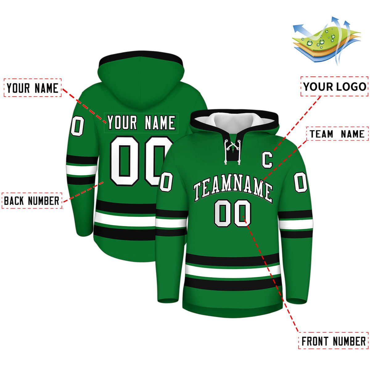 Custom Hockey Hoodie Jersey Kelly Green Black Classic Style for Men&amp;Youth