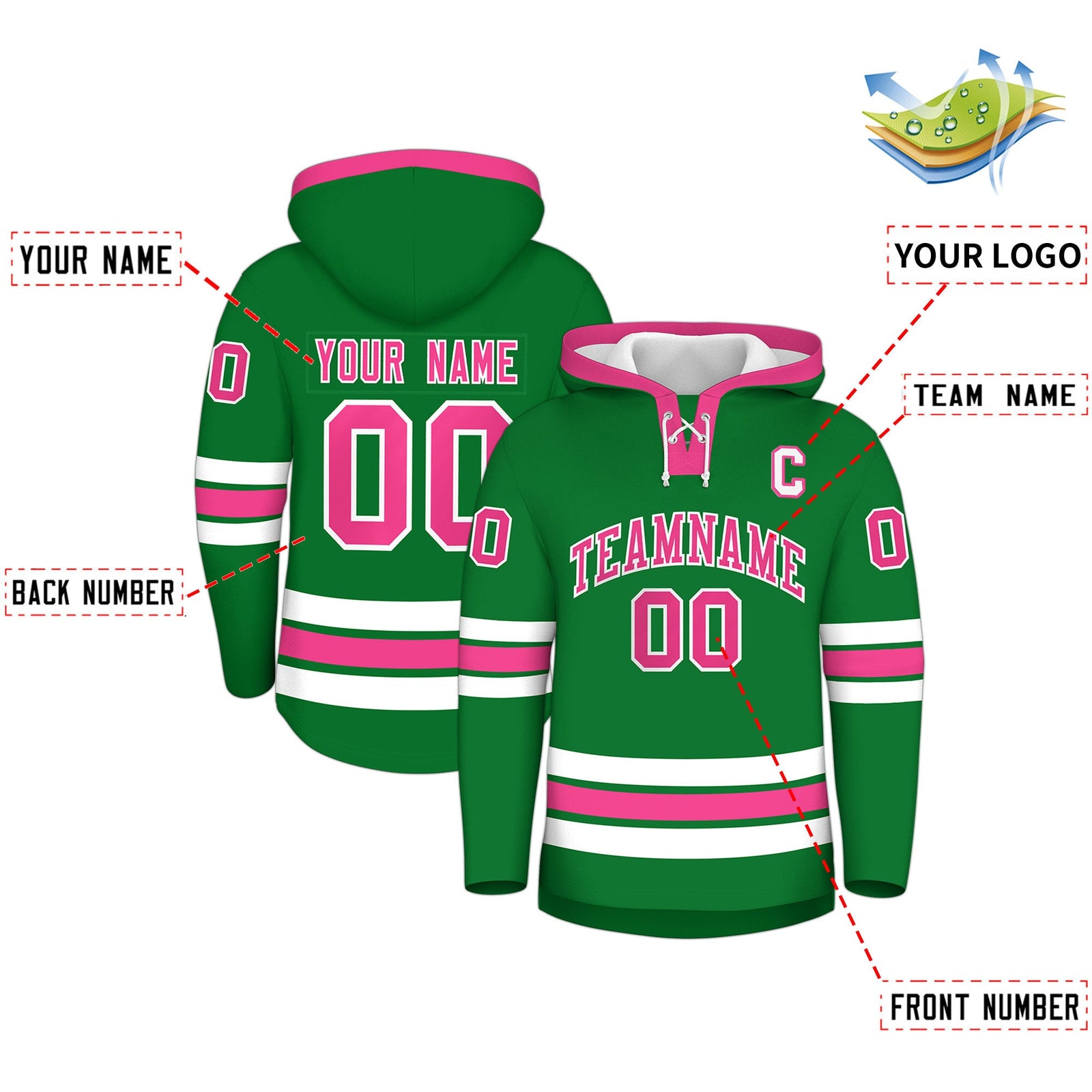Custom Hockey Hoodie Jersey Kelly Green Pink Classic Style for Men&Youth