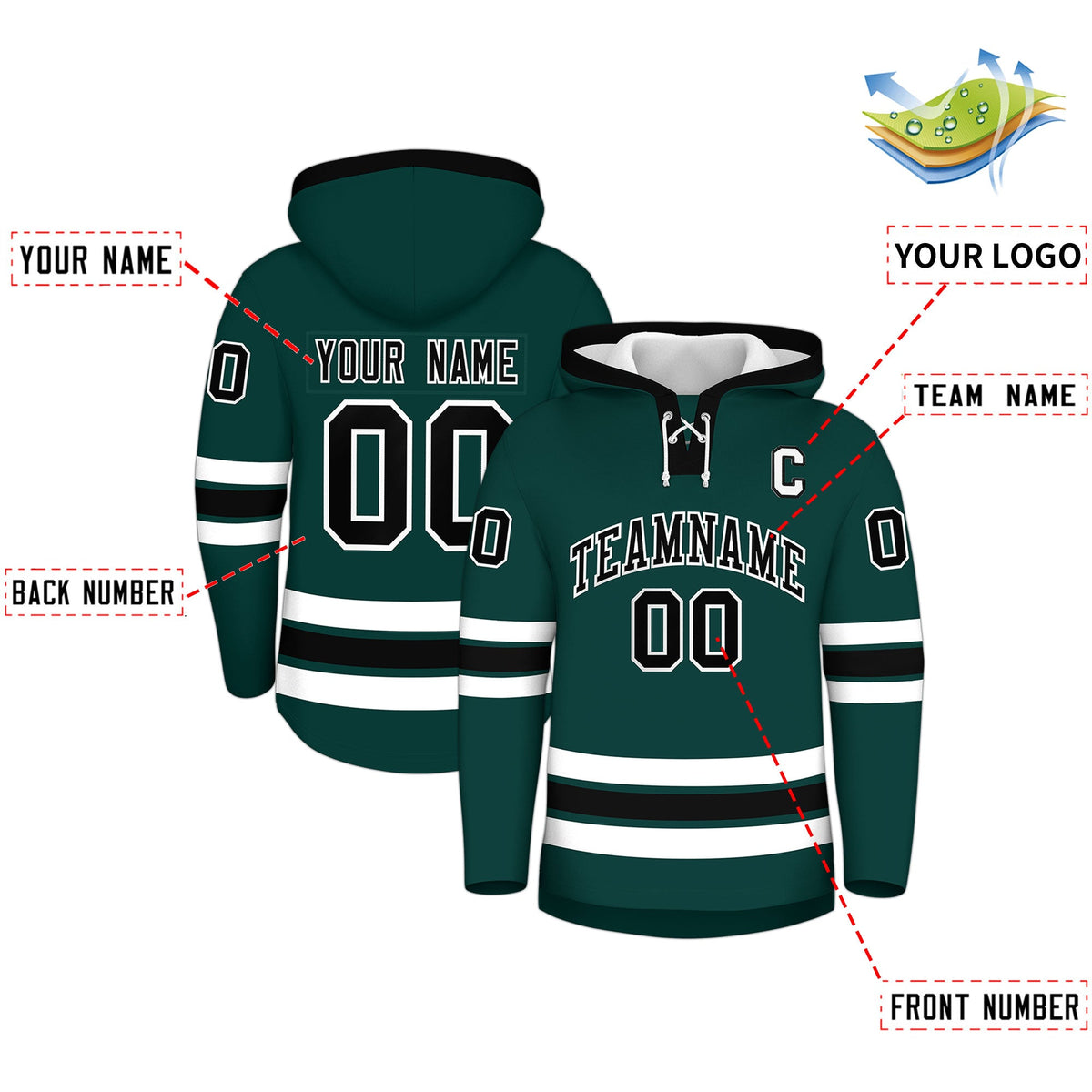Custom Hockey Hoodie Jersey Midnight Green Black Classic Style Add Name,Number&amp;Logo