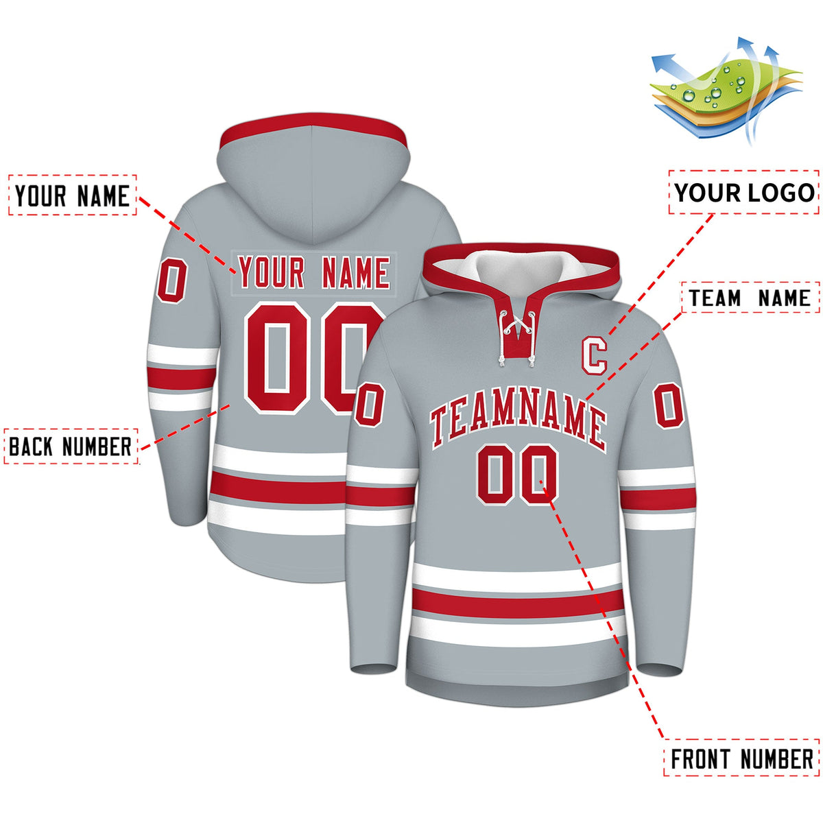 Custom Hockey Hoodie Jersey Silver Red Classic Style for Men&amp;Youth