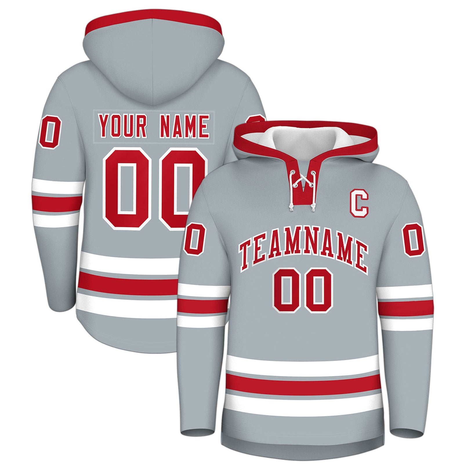 Custom Hockey Hoodie Jersey Silver Red Classic Style for Men&Youth