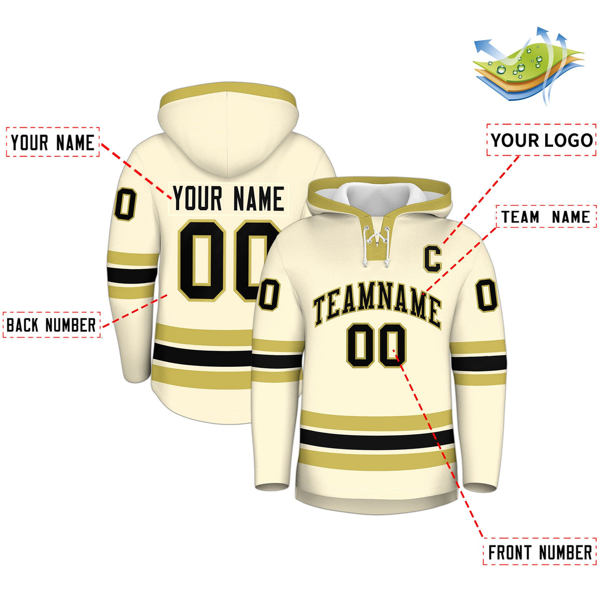 Custom Hockey Hoodie Jersey Cream Old Gold Classic Style for Men&amp;Youth