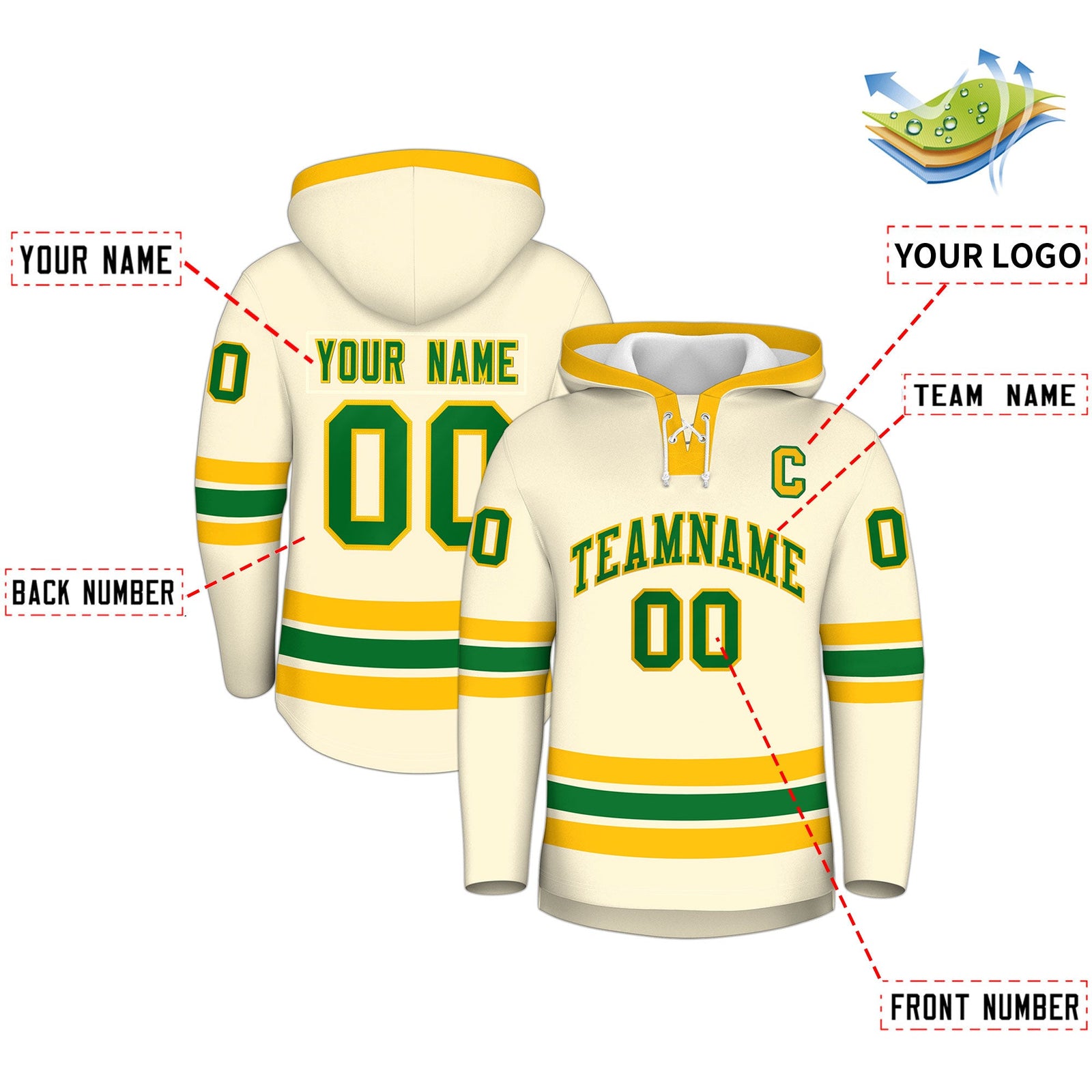 Custom Hockey Hoodie Jersey Cream Kelly Green Classic Style Add Name,Number&Logo