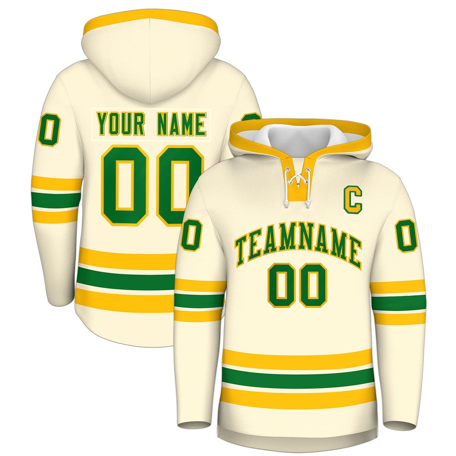 Custom Hockey Hoodie Jersey Cream Kelly Green Classic Style Add Name,Number&Logo