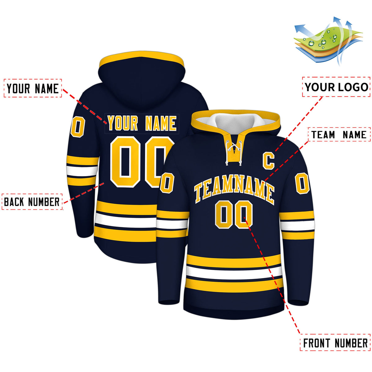Custom Hockey Hoodie Jersey Navy White Classic Style Add Name,Number &amp; Logo