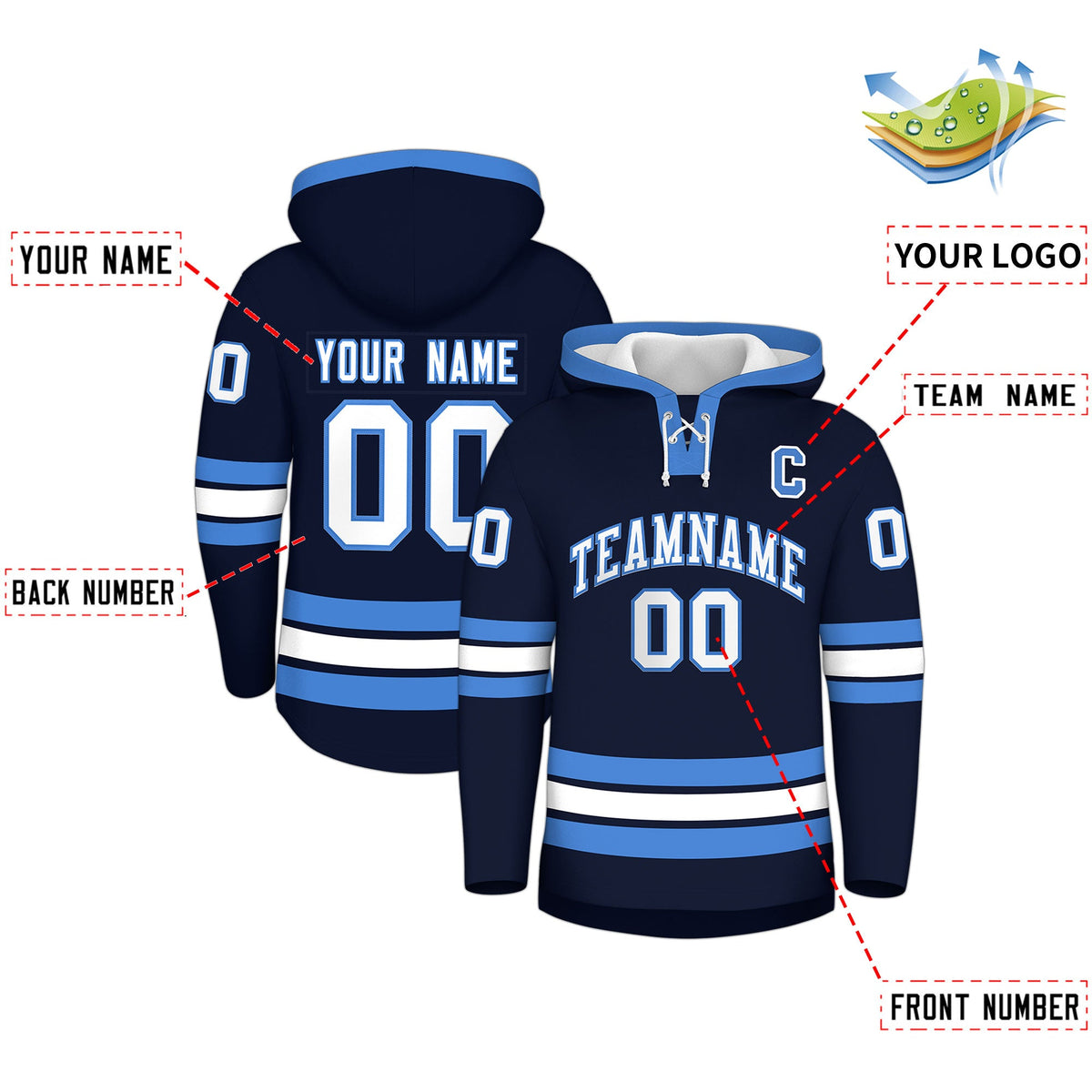 Custom Hockey Hoodie Jersey Navy Powder Blue Classic Style for Men&amp;Youth