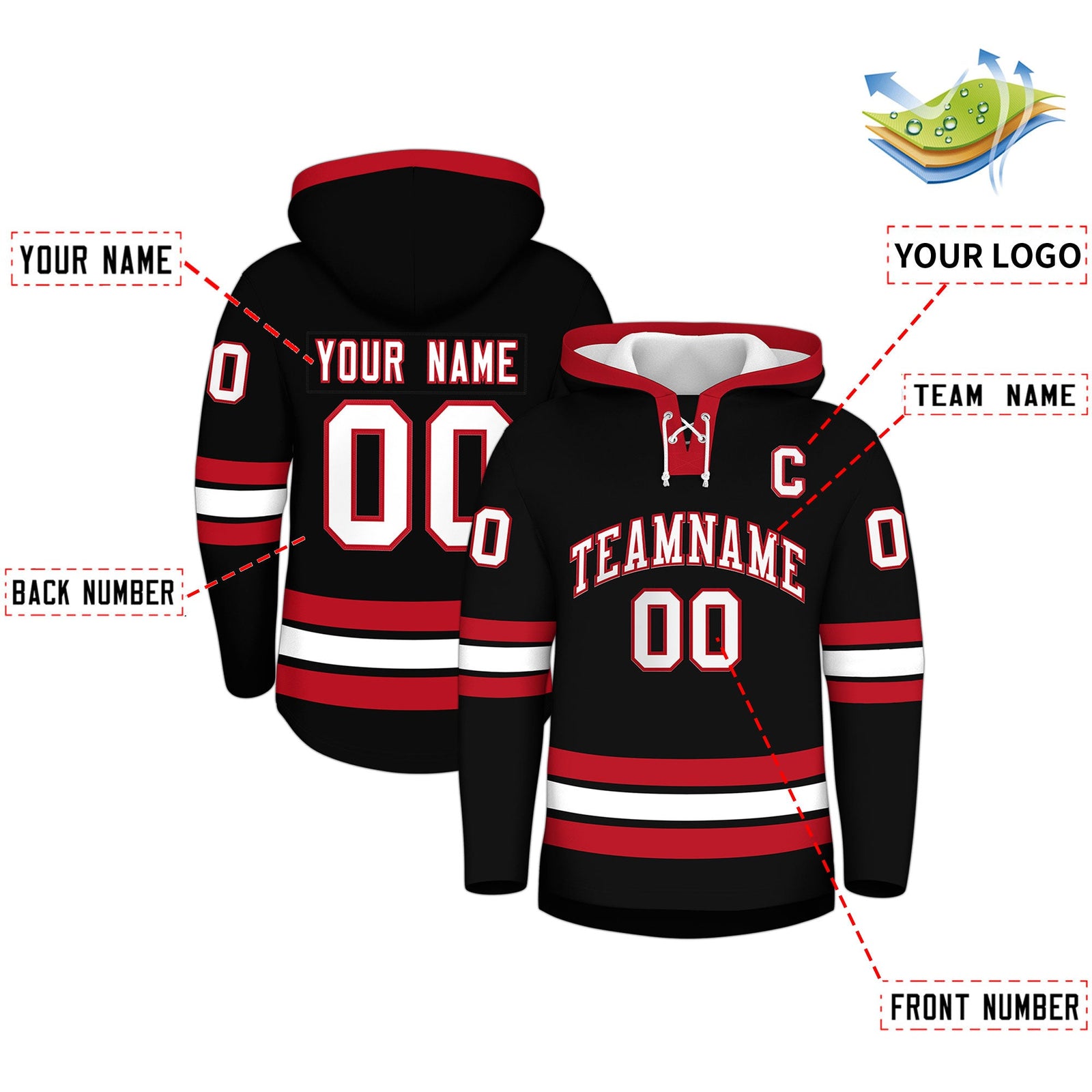 Custom Hockey Hoodie Jersey Black Red Classic Style Add Name,Number&Logo