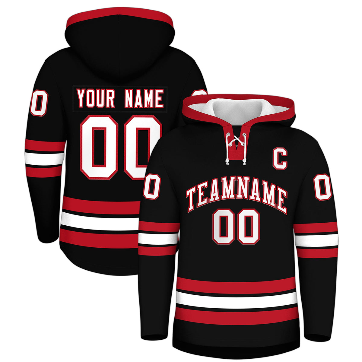 Custom Hockey Hoodie Jersey Black Red Classic Style Add Name,Number&amp;Logo