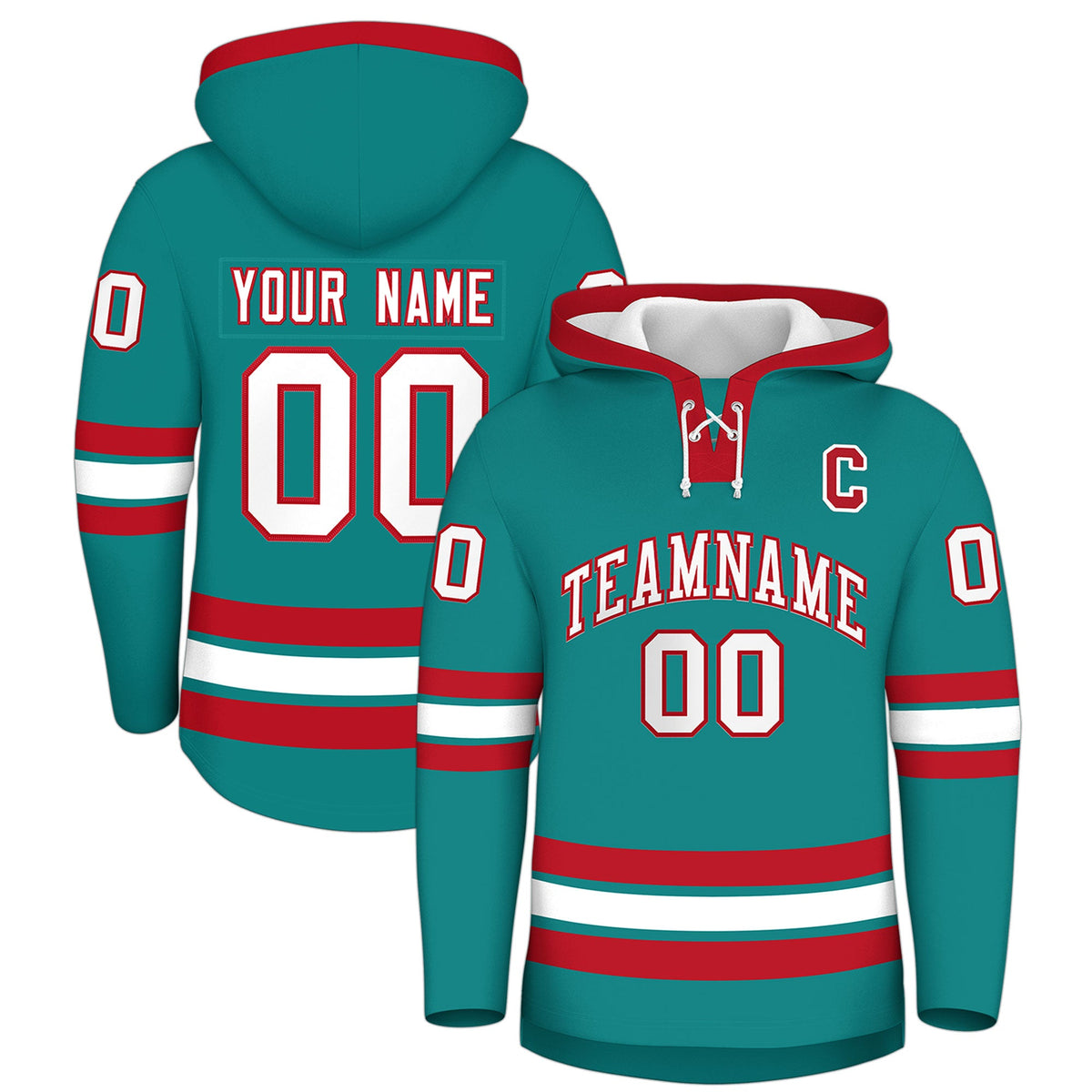 Custom Hockey Hoodie Jersey Teal Red Classic Style for Men&amp;Youth