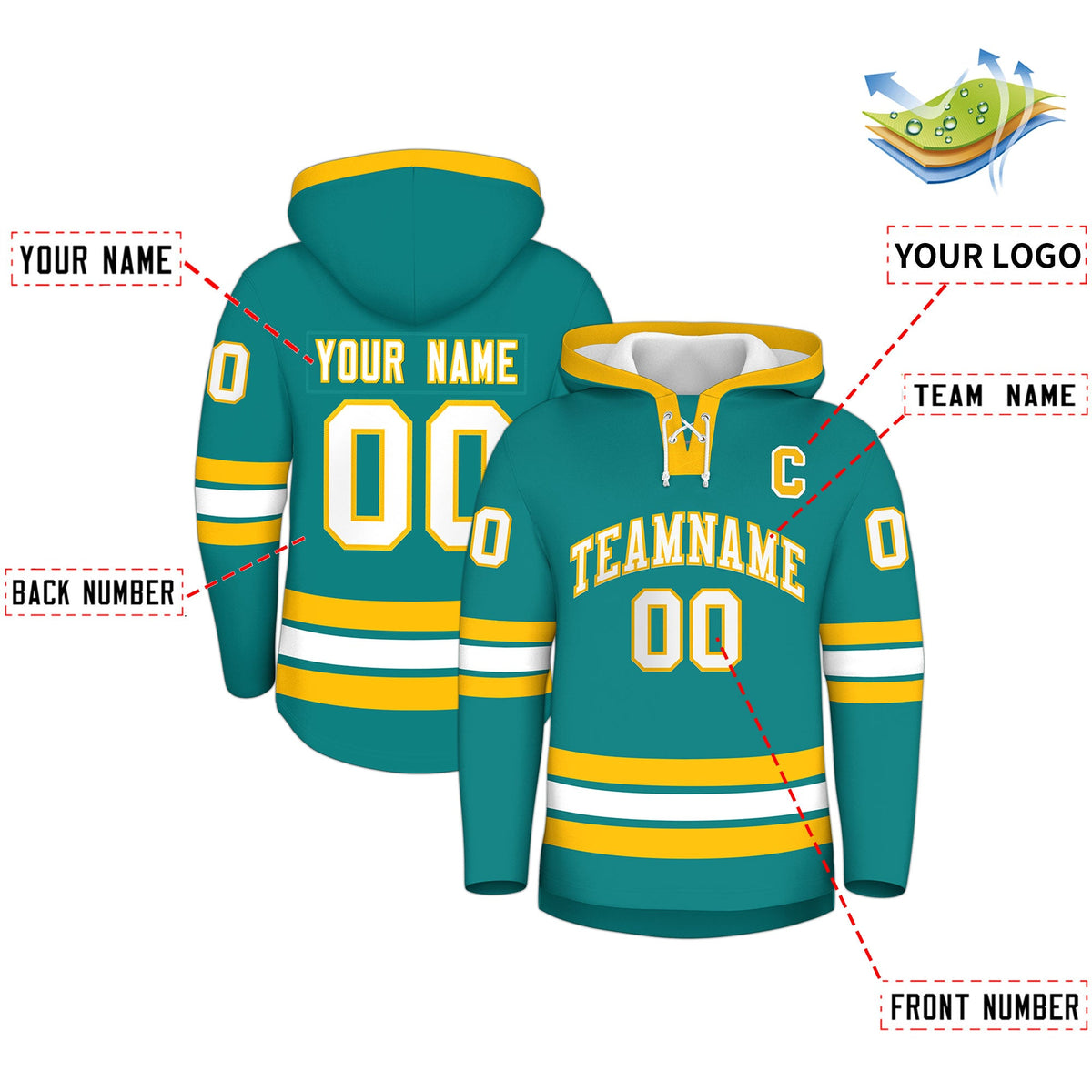 Custom Hockey Hoodie Jersey Teal Gold Classic Style Add Name,Number &amp; Logo