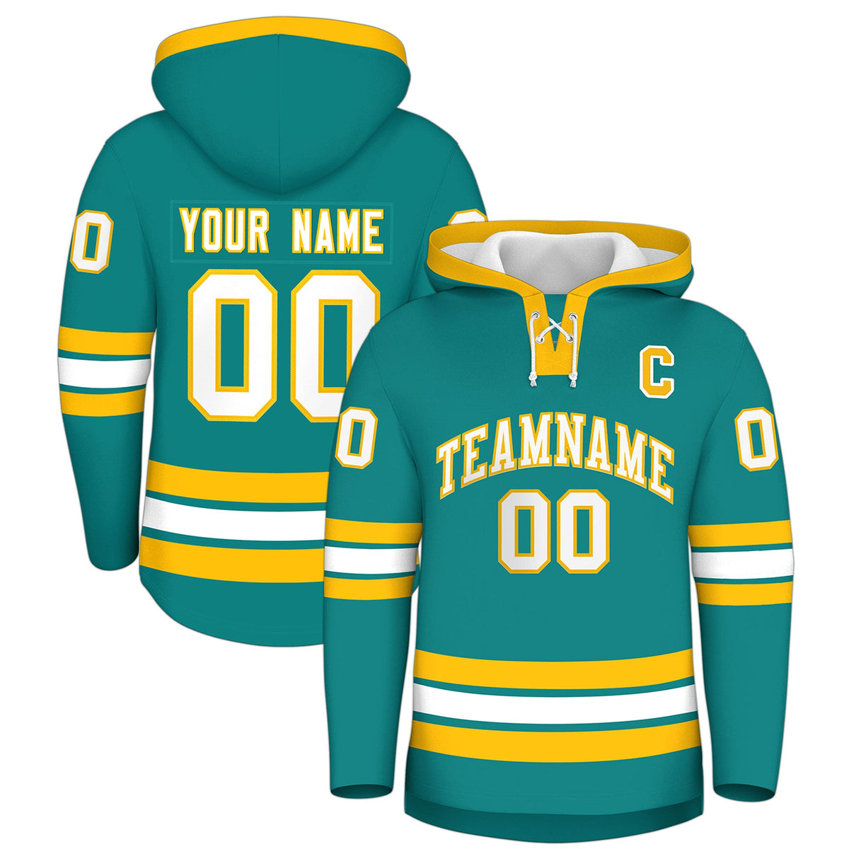 Custom Hockey Hoodie Jersey Teal Gold Classic Style Add Name,Number &amp; Logo