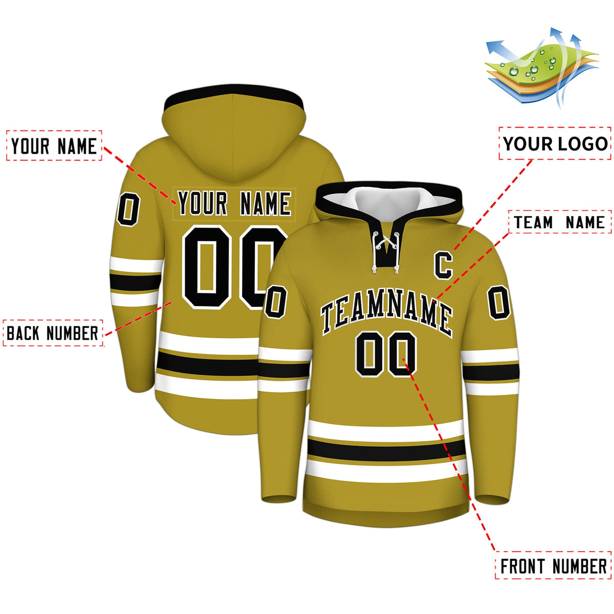Custom Hockey Hoodie Jersey Old Gold Black Classic Style for Men&amp;Youth
