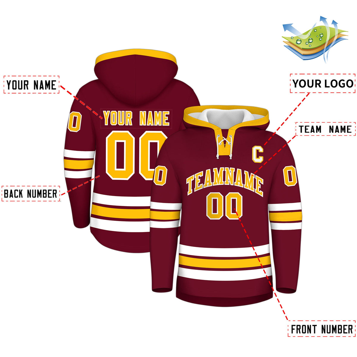 Custom Hockey Hoodie Jersey Crimson Gold Classic Style Add Name,Number&amp;Logo