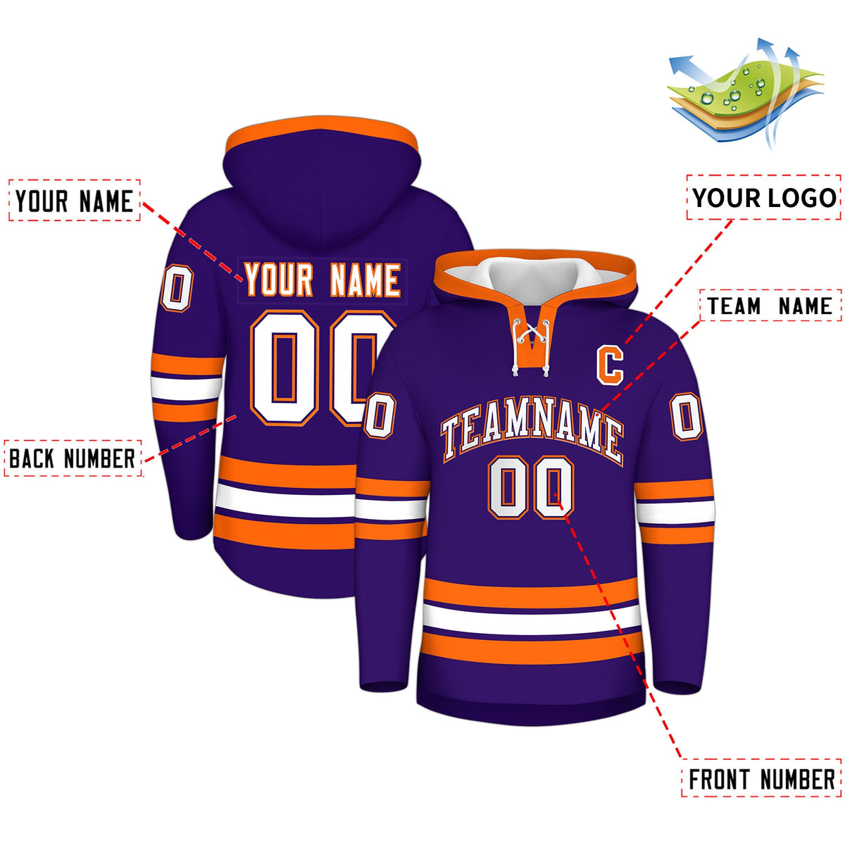 Custom Hockey Hoodie Jersey Purple Orange Classic Style Add Name,Number&amp;Logo