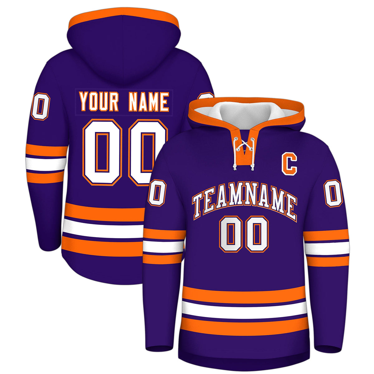 Custom Hockey Hoodie Jersey Purple Orange Classic Style Add Name,Number&amp;Logo