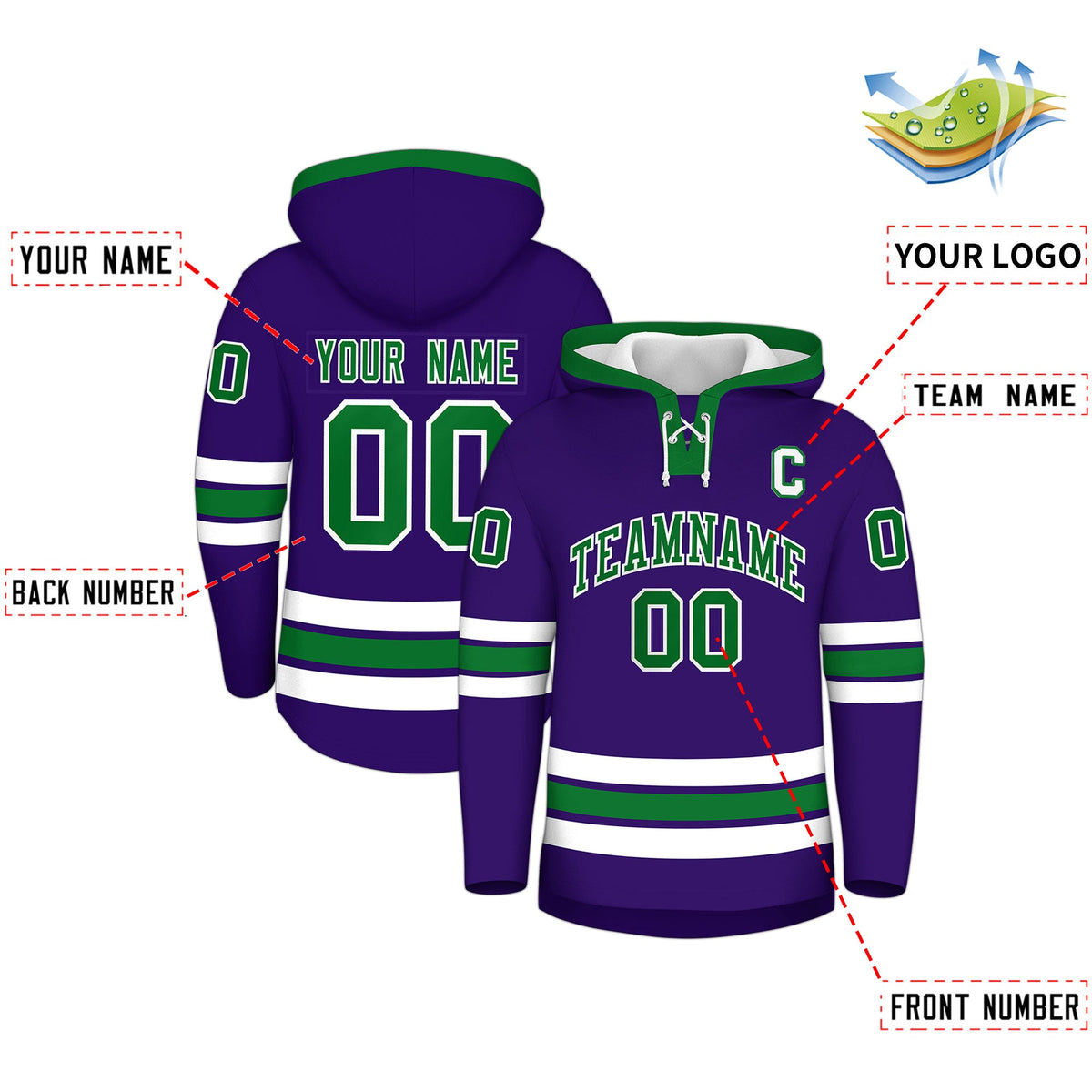 Custom Hockey Hoodie Jersey Purple Kelly Green Classic Style for Men&amp;Youth