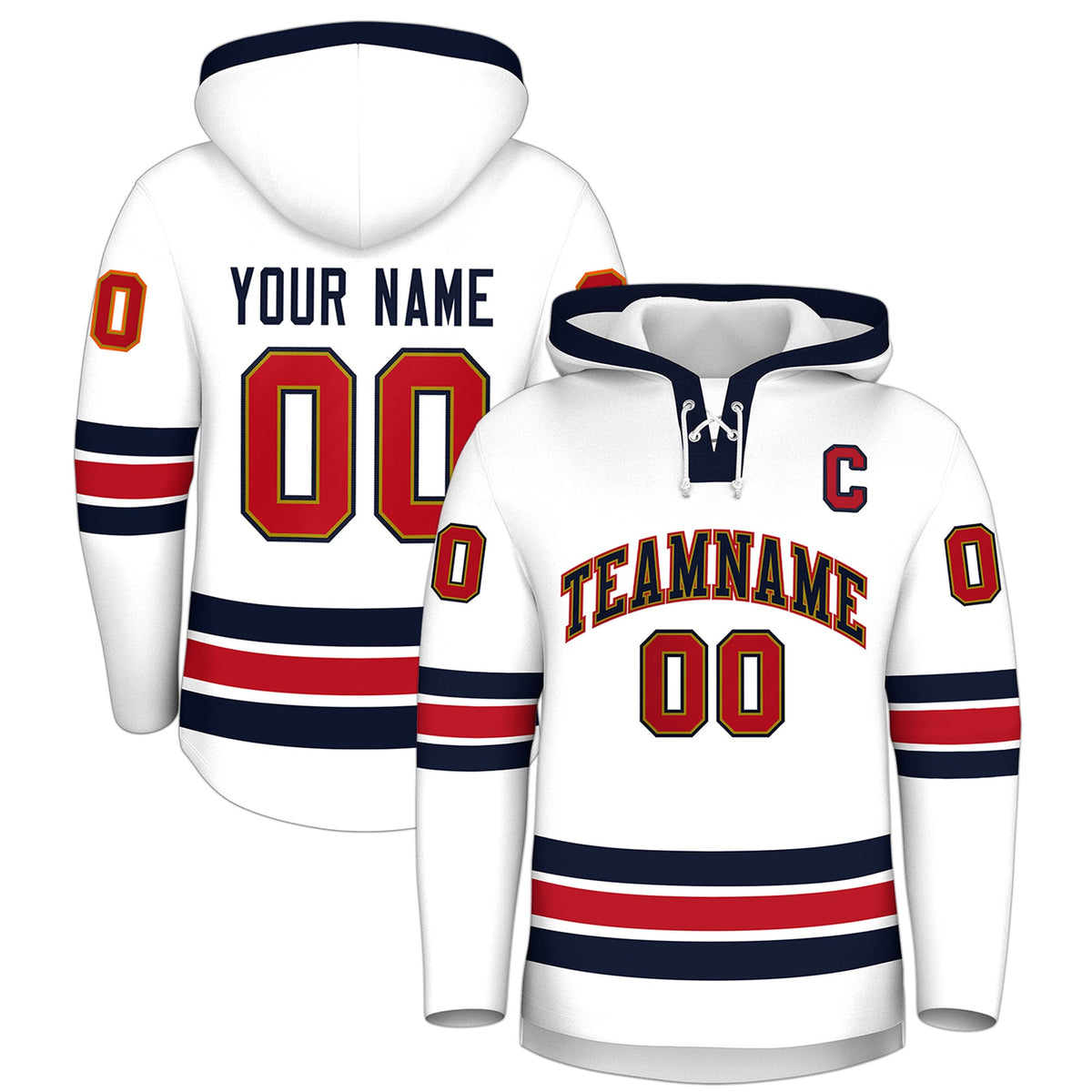 Custom Hockey Hoodie Jersey White Navy Classic Style Add Name,Number &amp; Logo