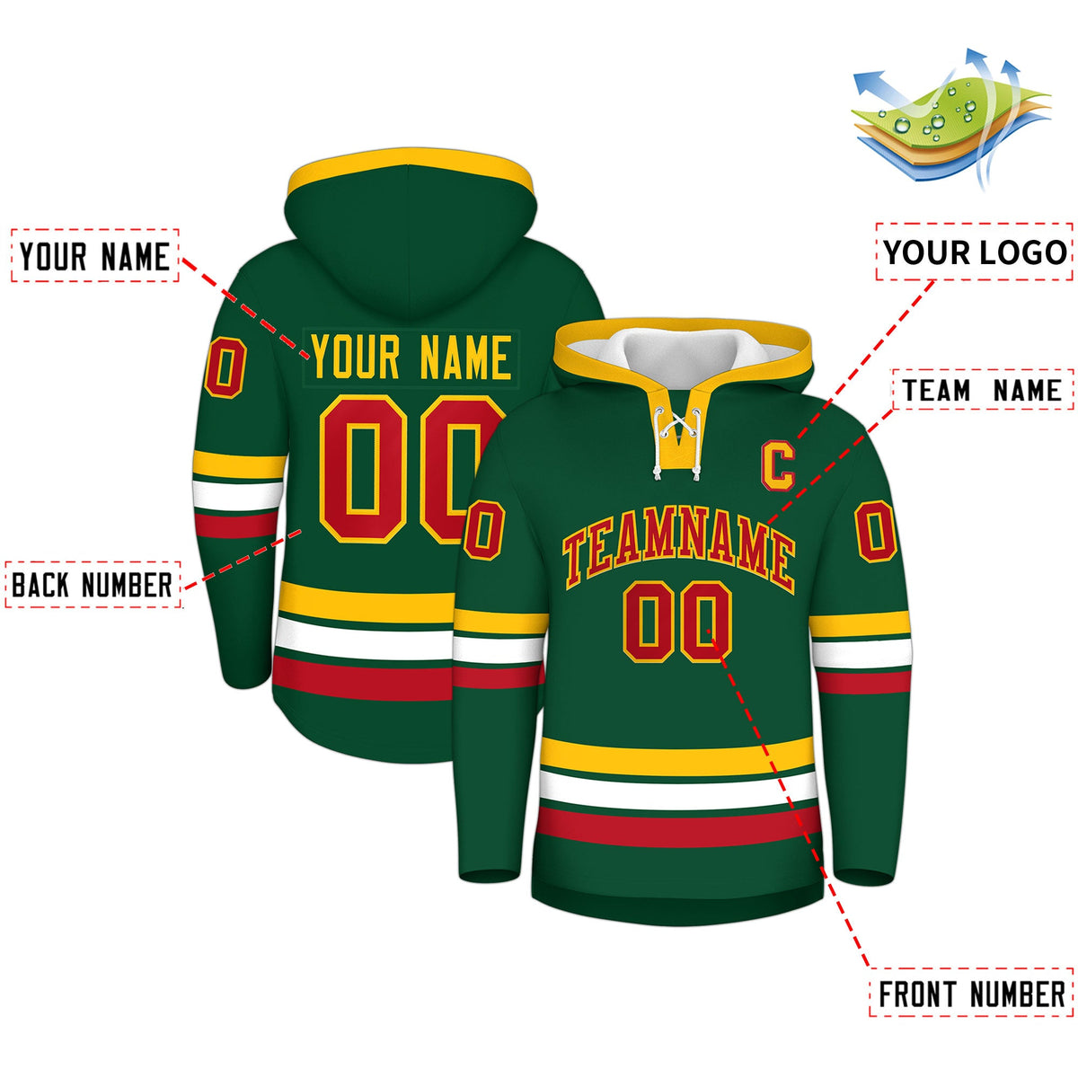 Custom Hockey Hoodie Jersey Dark Green Gold Classic Style Add Name,Number &amp; Logo