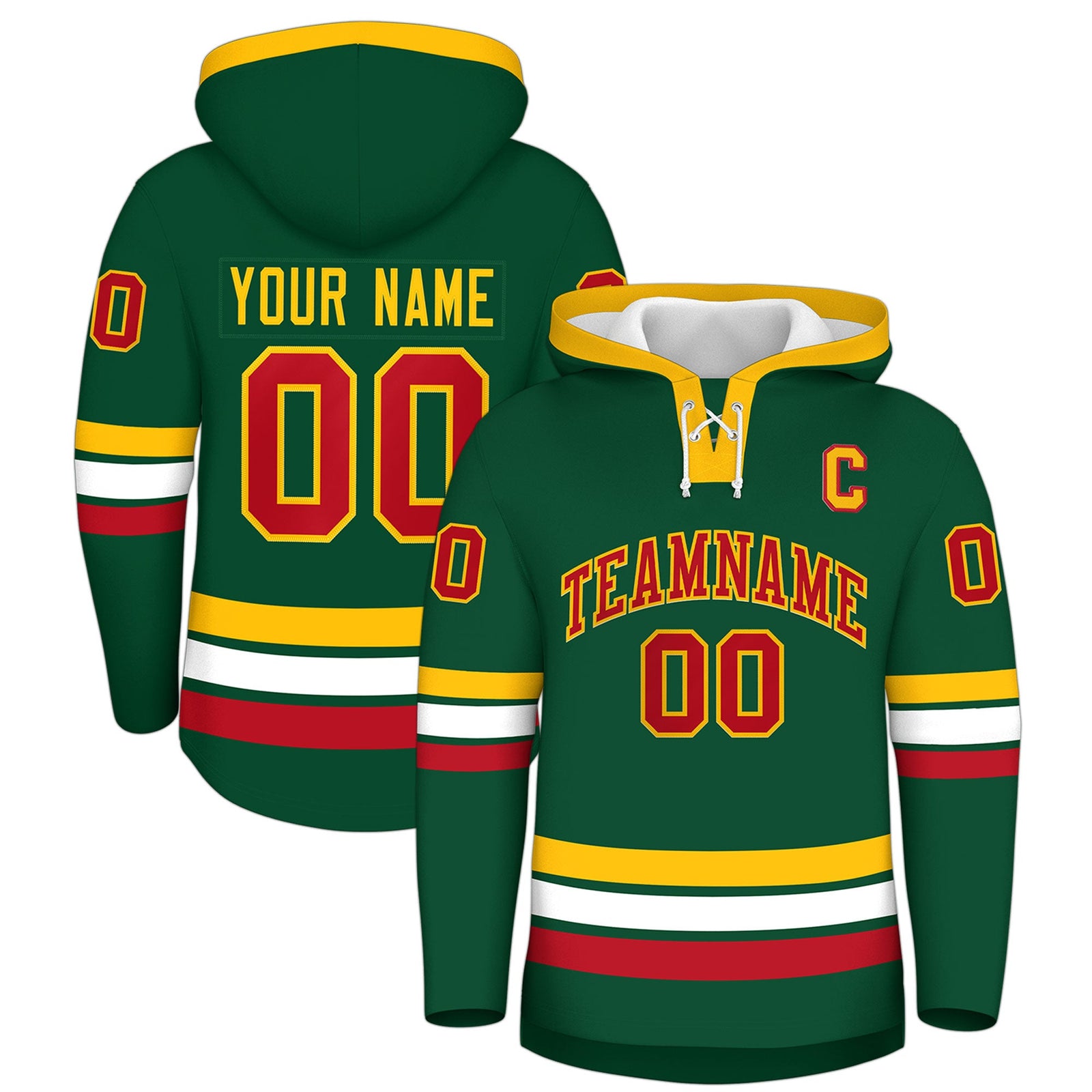 Custom Hockey Hoodie Jersey Dark Green Gold Classic Style Add Name,Number & Logo