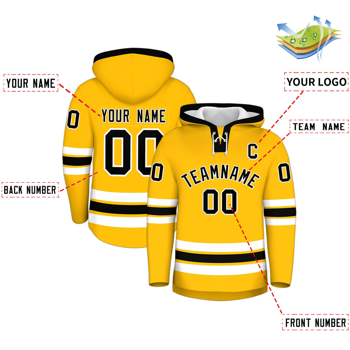 Custom Hockey Hoodie Jersey Gold Black Classic Style Add Name,Number &amp; Logo