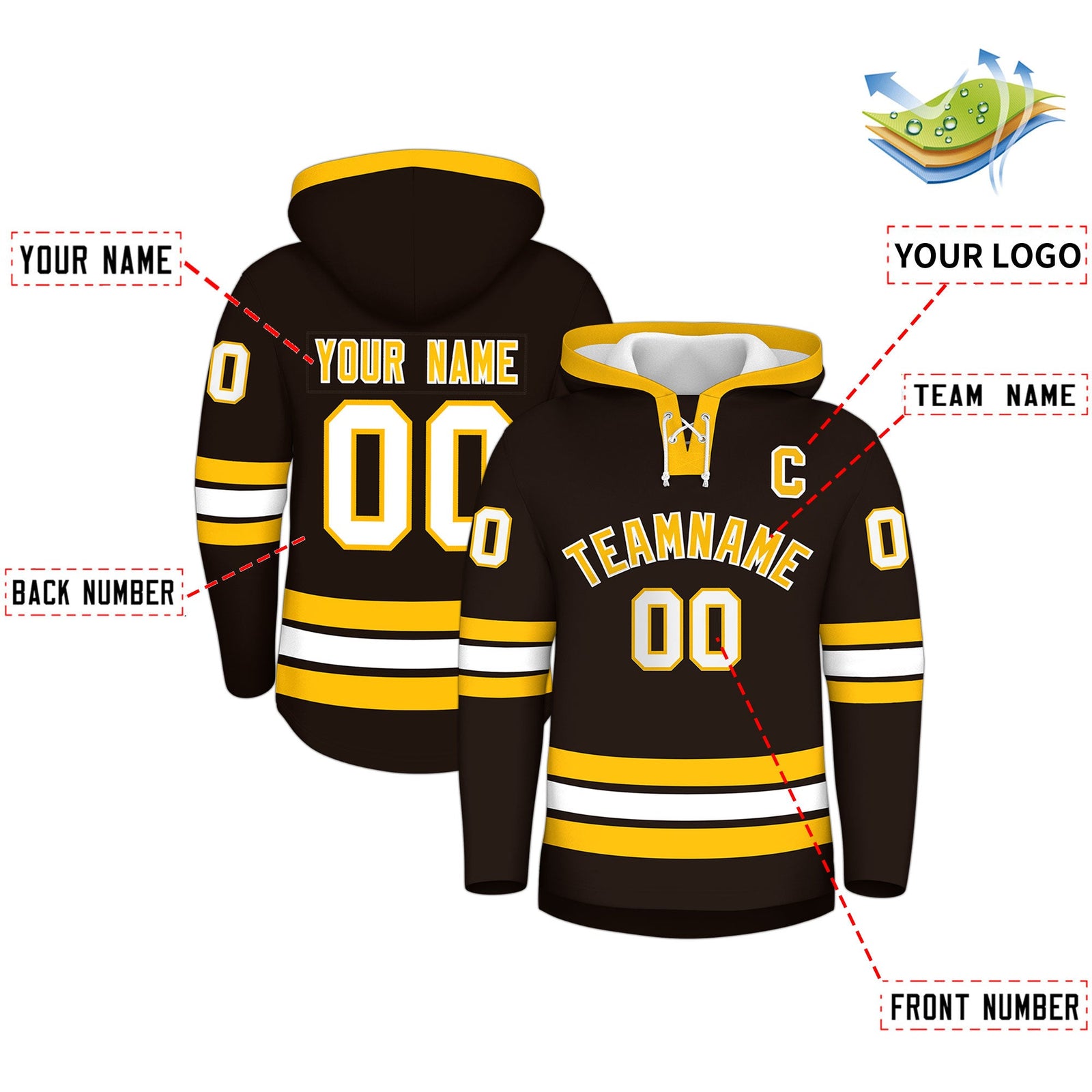 Custom Hockey Hoodie Jersey Brown Gold Classic Style Add Name,Number & Logo
