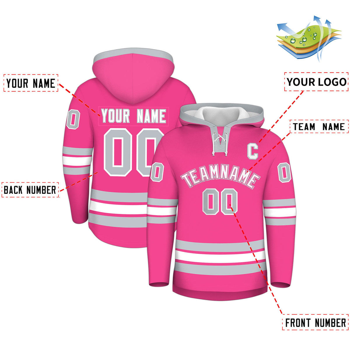 Custom Hockey Hoodie Jersey Pink Silver Classic Style Add Name,Number&amp;Logo