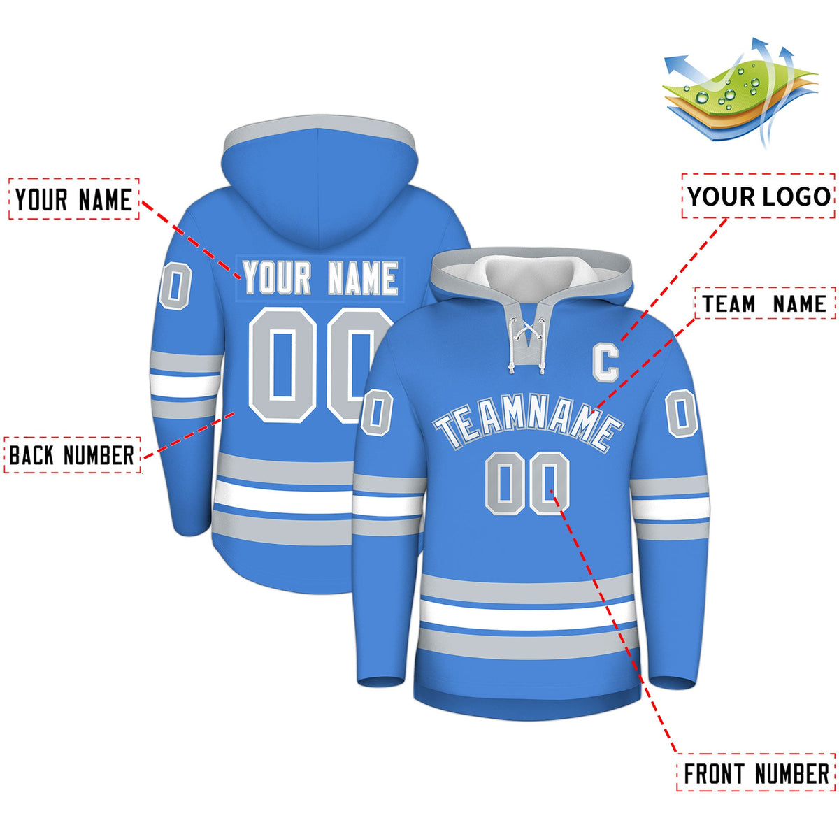Custom Hockey Hoodie Jersey Powder Blue Silver Classic Style for Men&amp;Youth