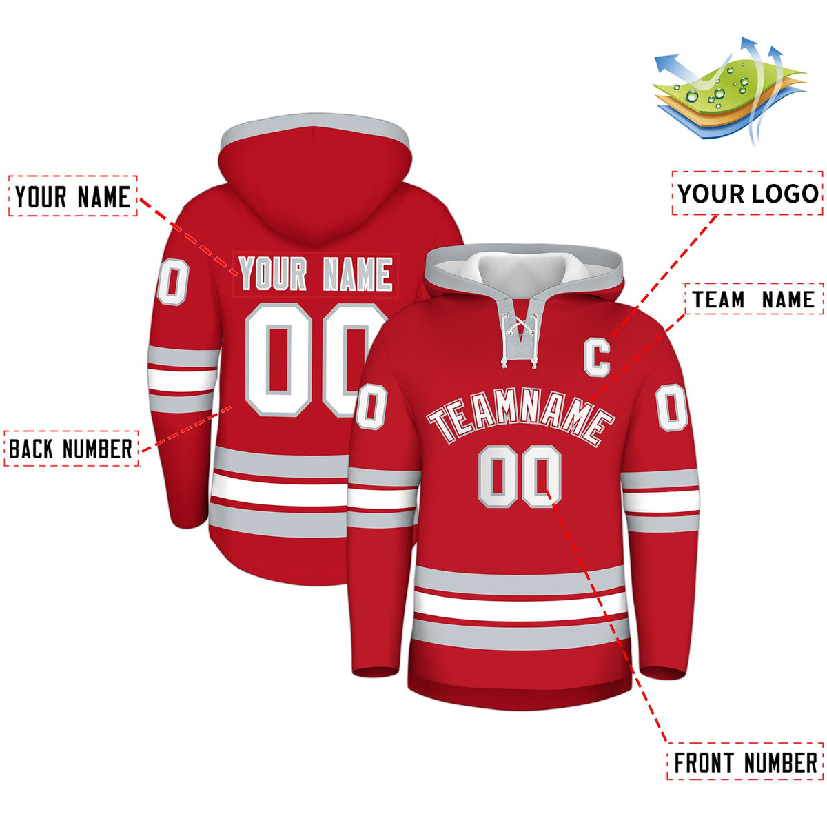 Custom Hockey Hoodie Jersey Red Silver Classic Style Add Name,Number&amp;Logo