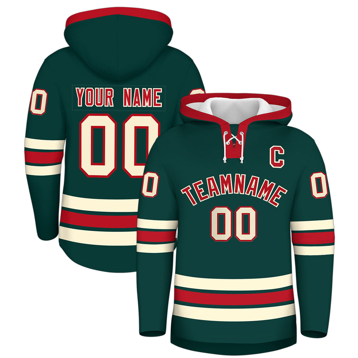 Custom Hockey Hoodie Jersey Midnight Green Red Classic Style Add Name,Number&amp;Logo