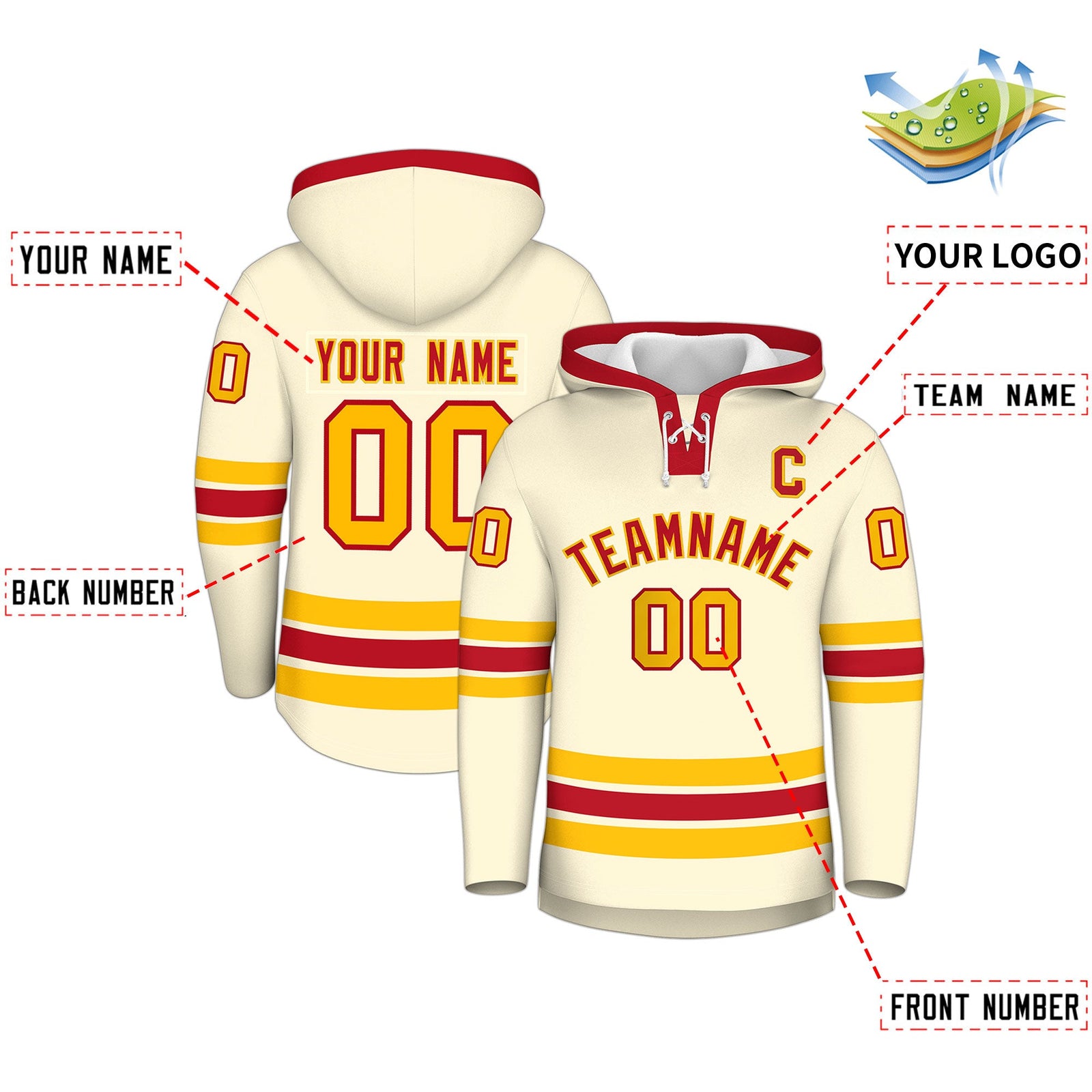 Custom Hockey Hoodie Jersey Cream Red Classic Style Add Name,Number&Logo